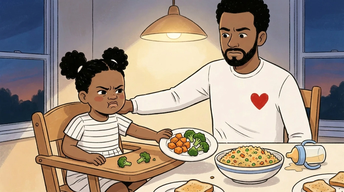 Father placing hand on toddler's shoulder as she turns away from broccoli, no bribery at this dinner table