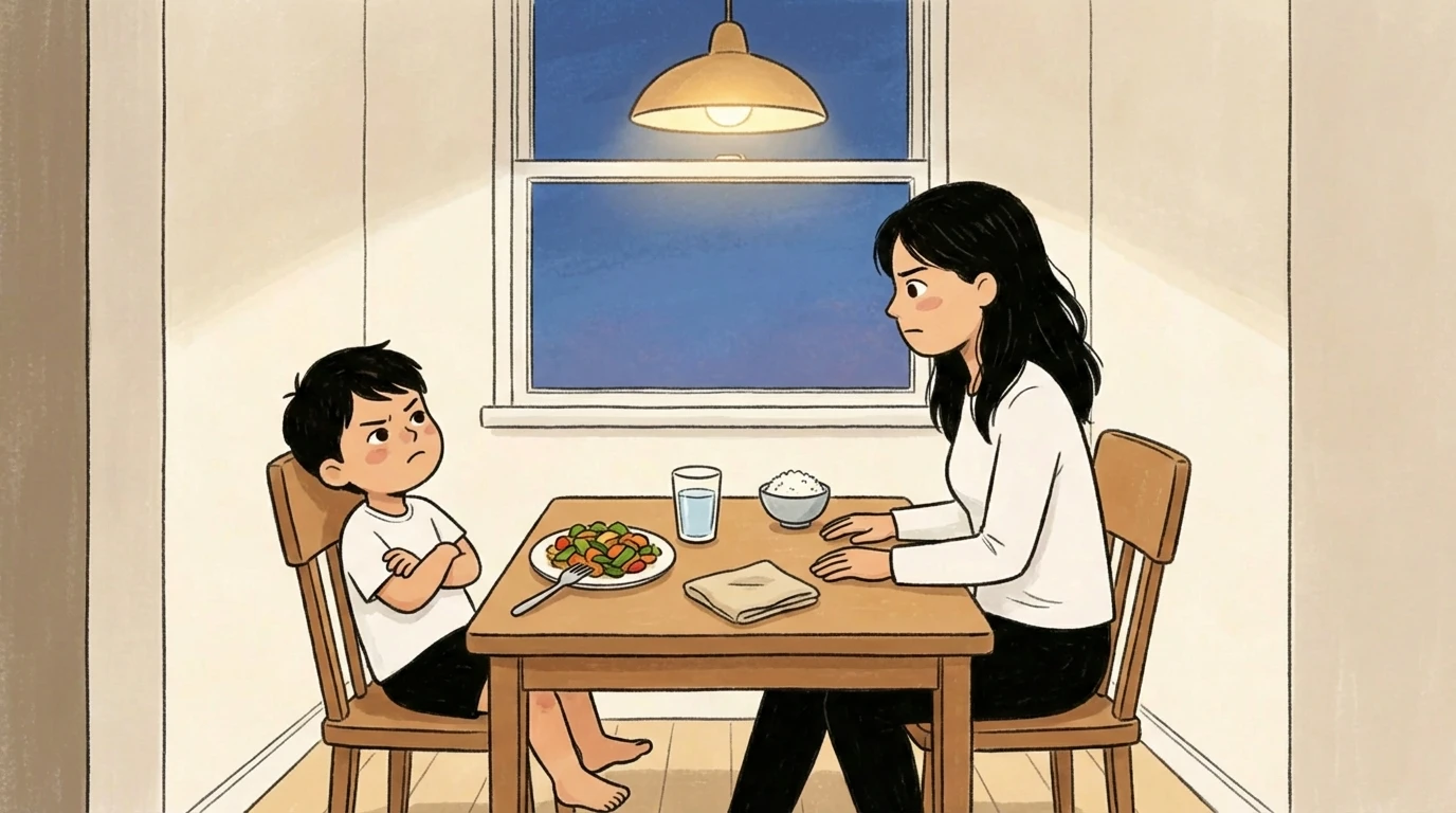 Mother and child at dinner table facing each other with a plate of vegetables untouched, no pressure given