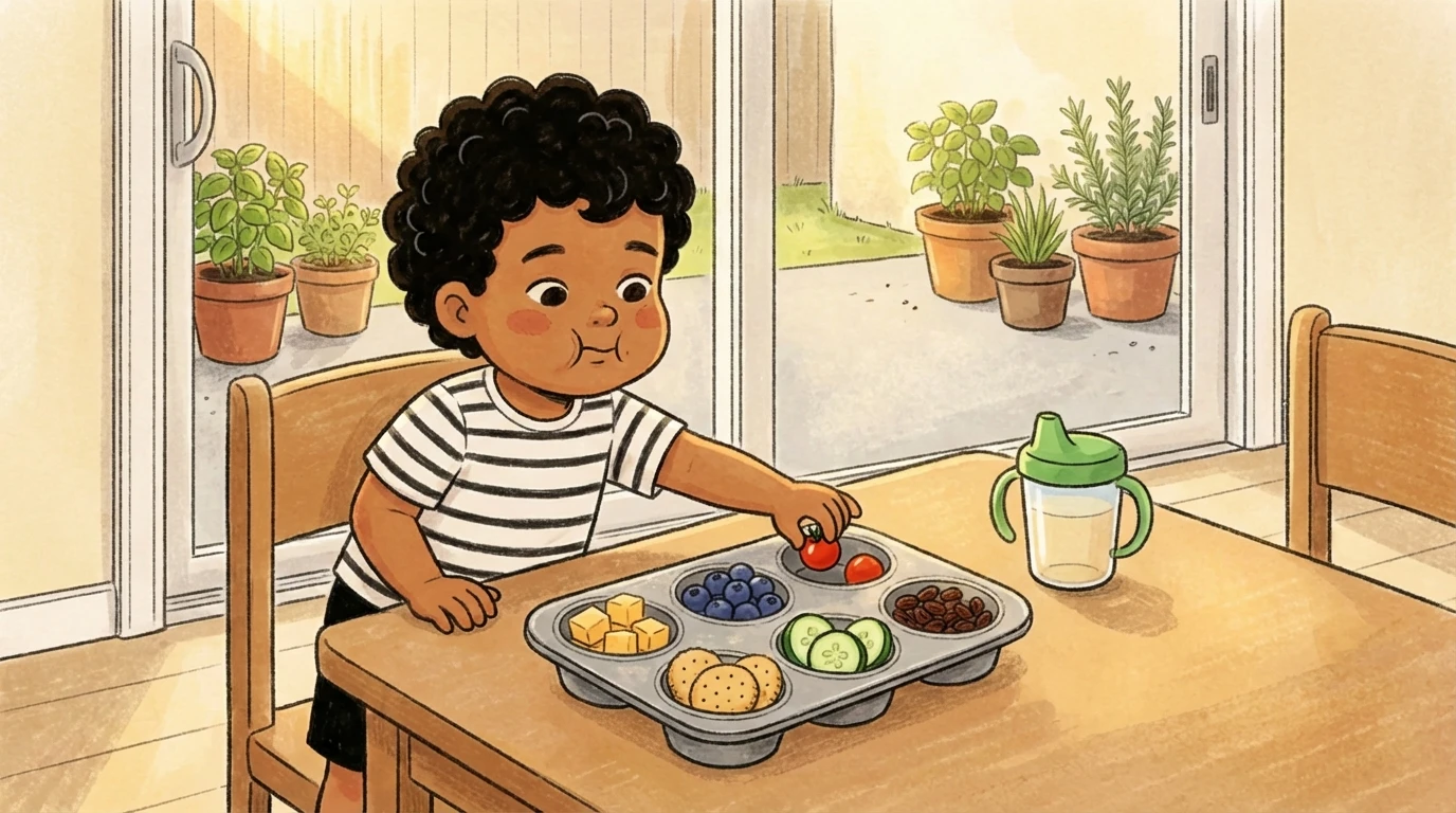 Young child exploring a divided tray of fruit and vegetables at a sunny table with a sippy cup nearby