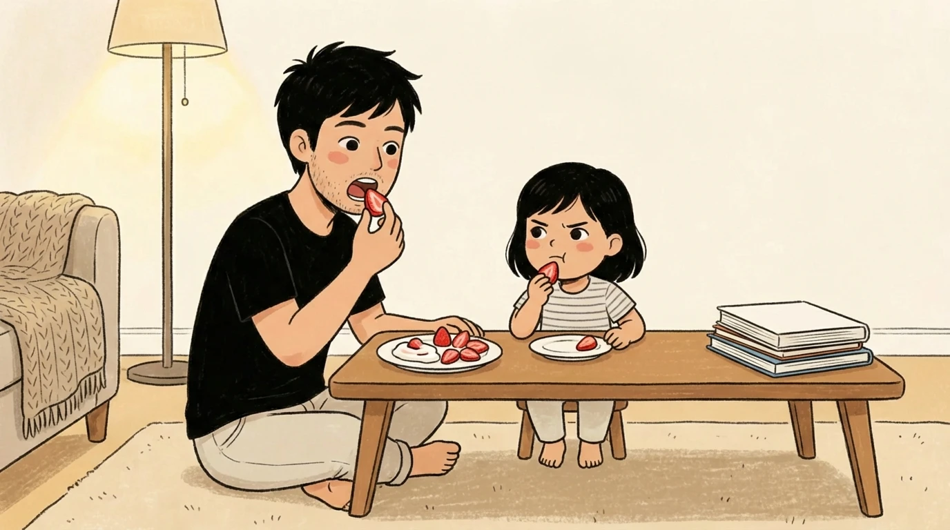Father and young daughter each eating strawberries from their own plates at a low living room table