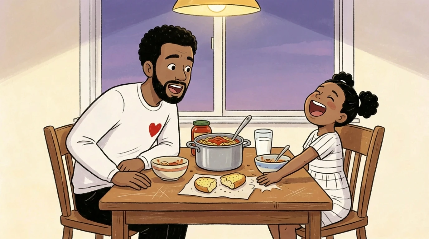 Father and young daughter seated at dinner table with pot of pasta, bread, and milk during a family meal