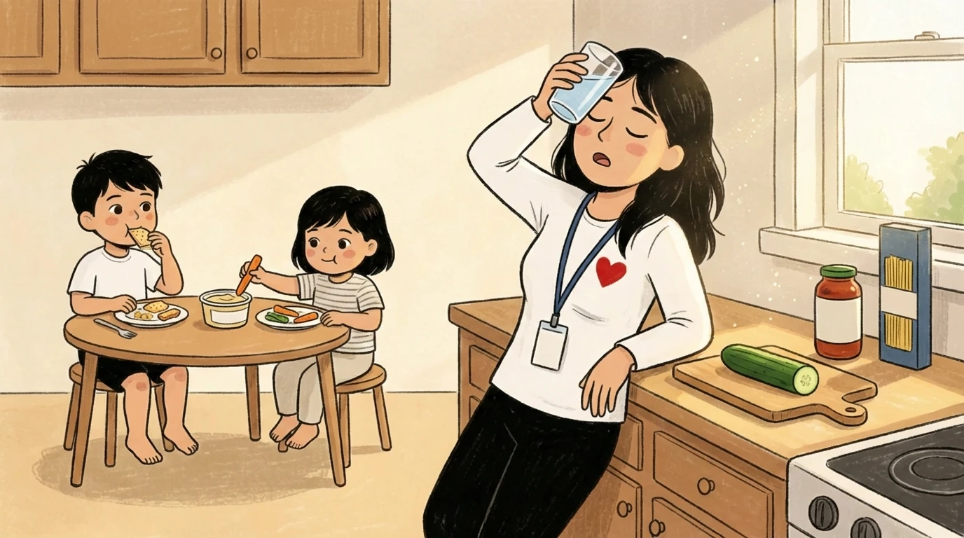 Exhausted parent pressing a cold bottle to forehead while two young children eat at a small table in the kitchen