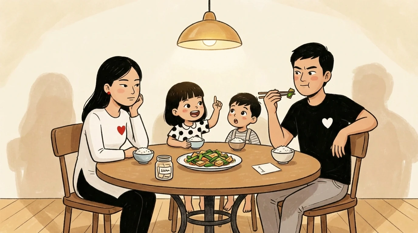 Family of four sharing rice and vegetables at a round dinner table, child pointing while speaking during dinner