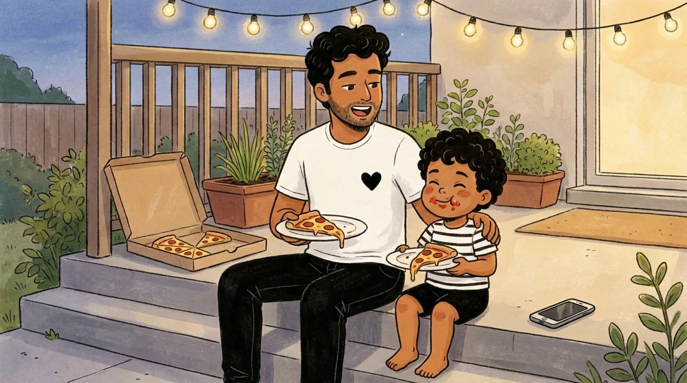 Parent and toddler sitting on outdoor steps sharing pizza slices under string lights