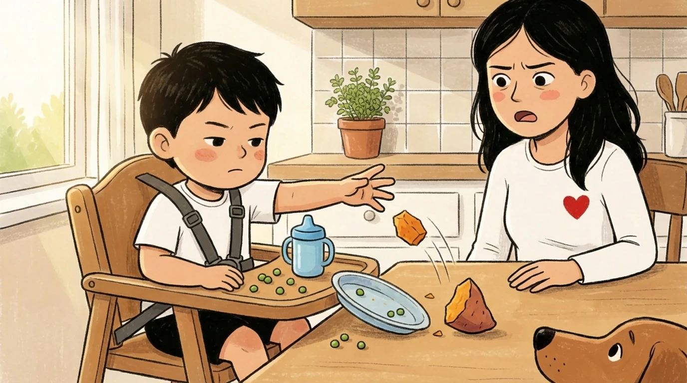 Toddler throwing food off high chair tray at kitchen table while parent watches