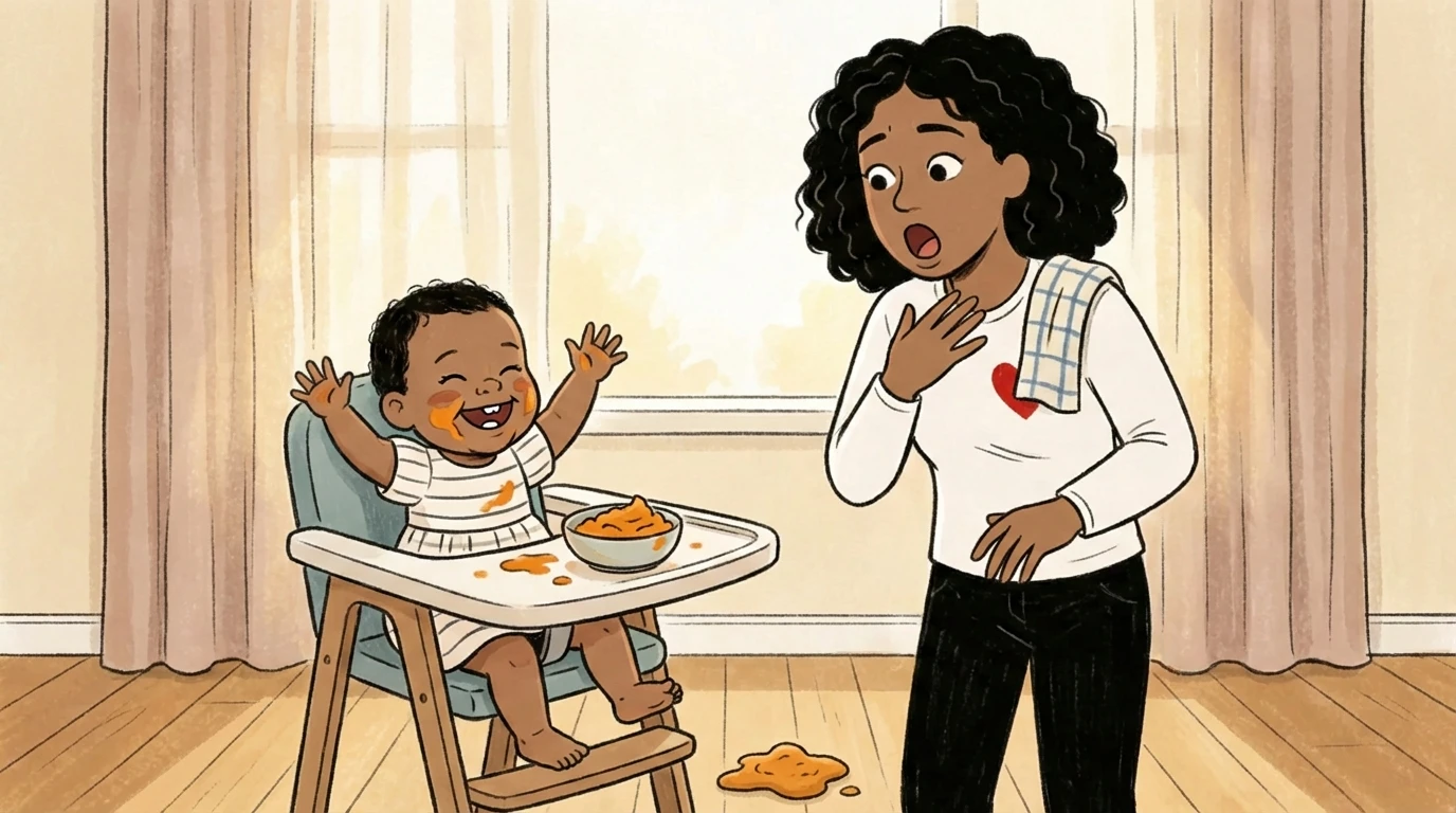 Baby in high chair with food on face and hands raised with food splattered on tray and floor