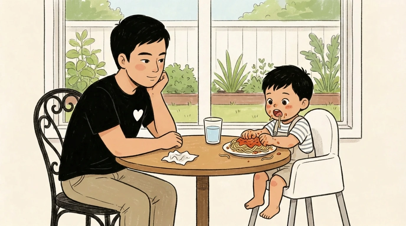 Parent watching toddler play with spaghetti at the table during a messy family meal