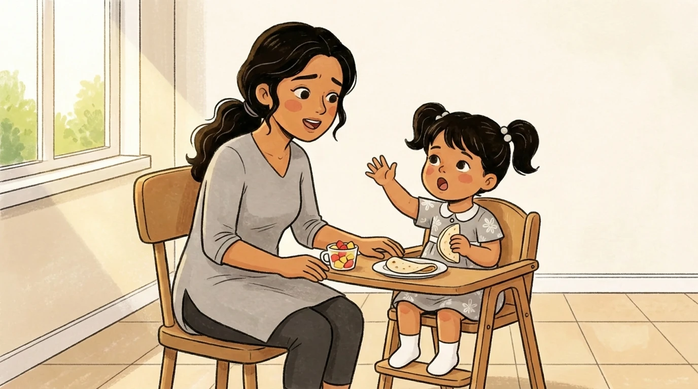Parent sitting beside toddler in high chair offering food and talking calmly at mealtime