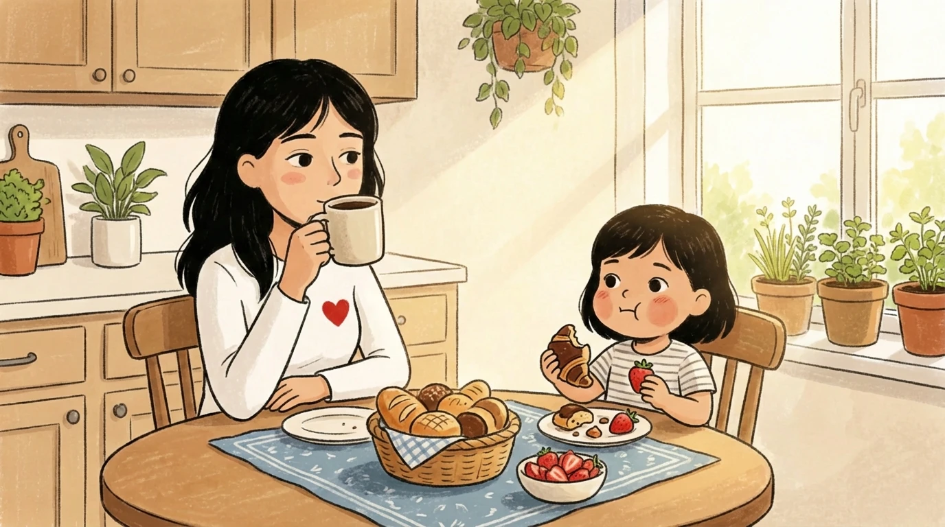 Mother and child sharing breakfast with bread and croissants, building a healthy food routine together