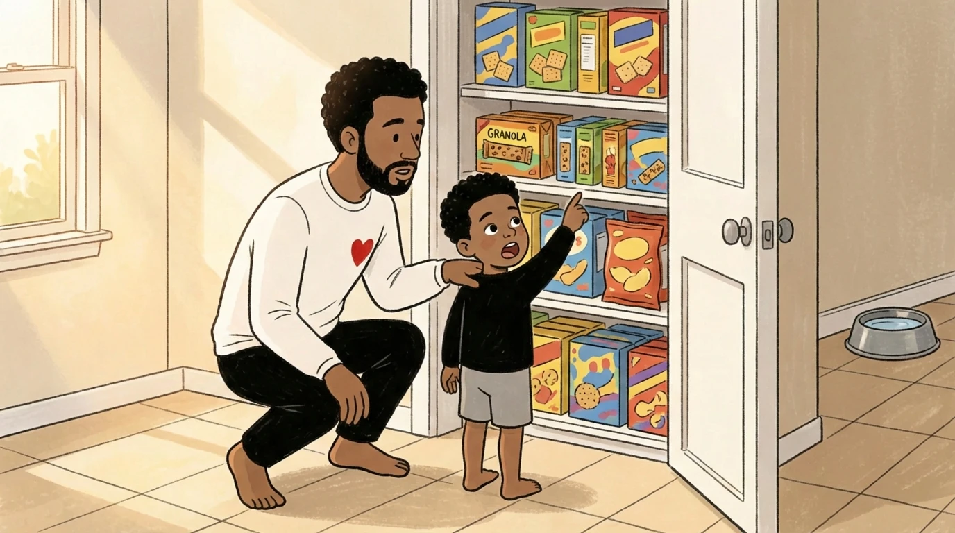 Father crouching beside toddler pointing at open pantry stocked with cereal boxes and snacks