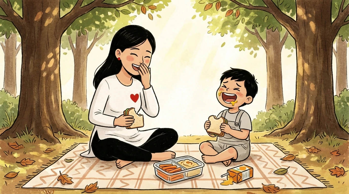 Adult and toddler sitting on blanket under trees with lunchbox, sharing a relaxed outdoor picnic