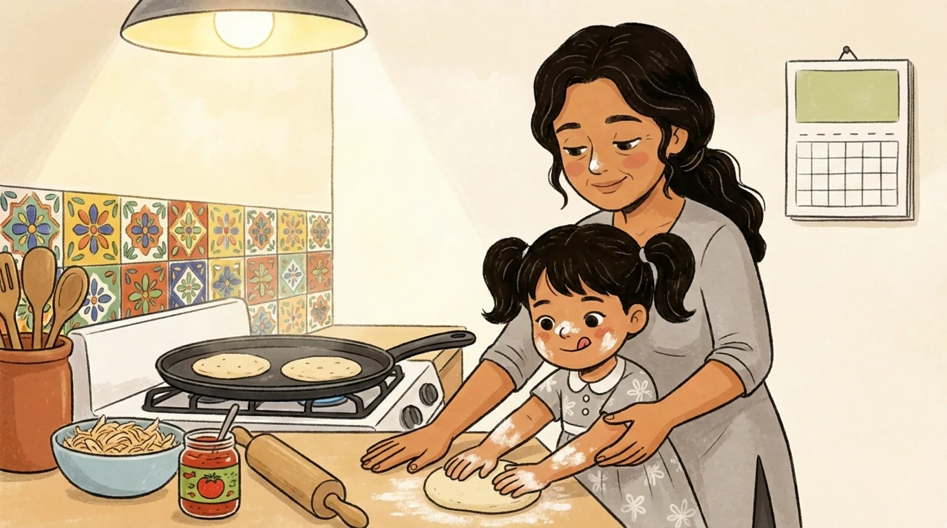 Adult guiding young child rolling dough at kitchen counter, preventing food anxiety through cooking together