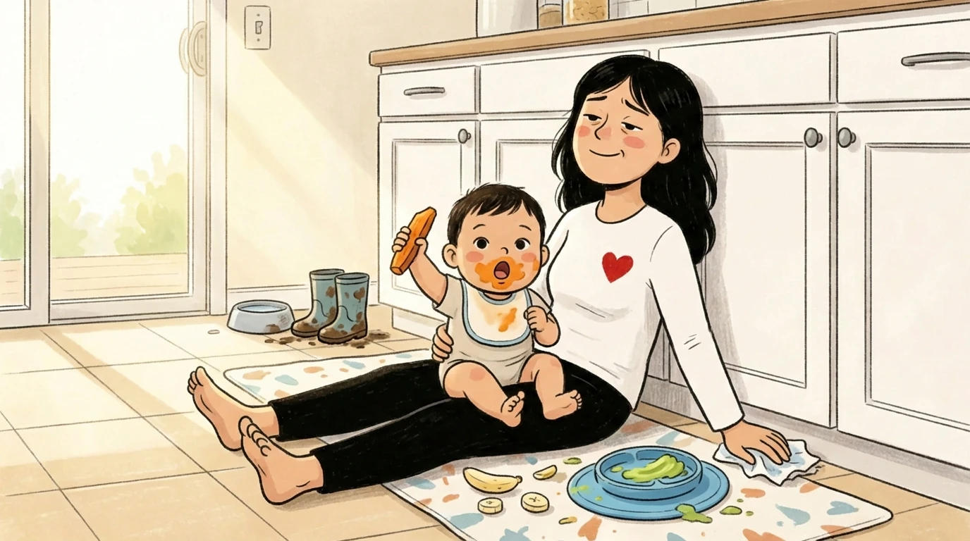 Mother sitting on kitchen floor beside baby holding food strip during messy first solids feeding