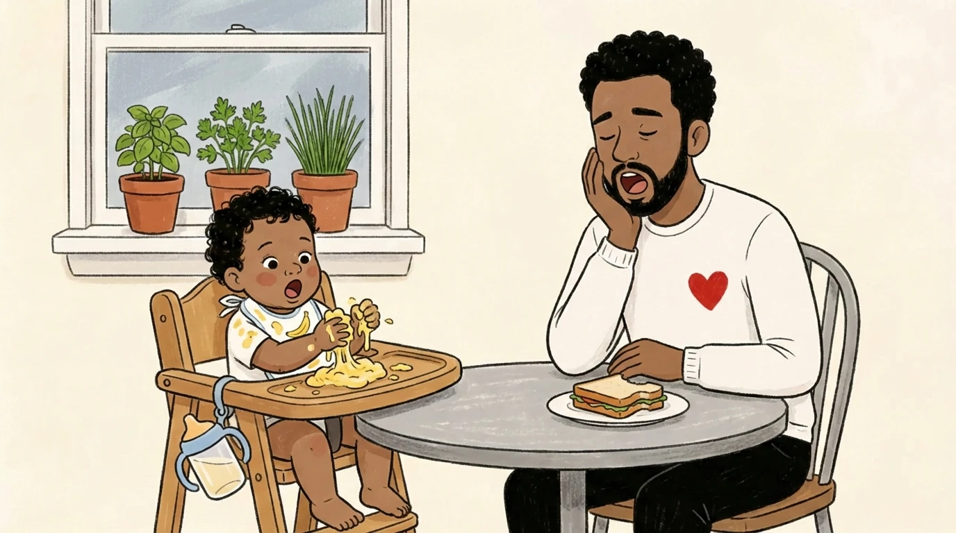 Baby in high chair squeezing pasta with both hands while parent watches at mealtime table
