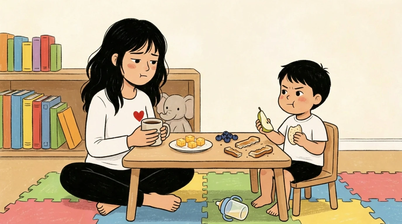 Parent sitting with toddler at low table offering finger foods including toast and fruit slices