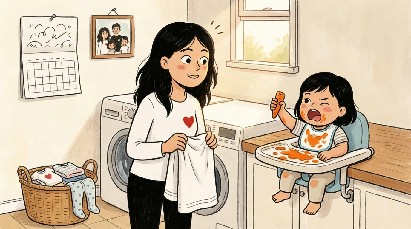 Parent offering a food strip to baby in high chair near washing machine during feeding transition