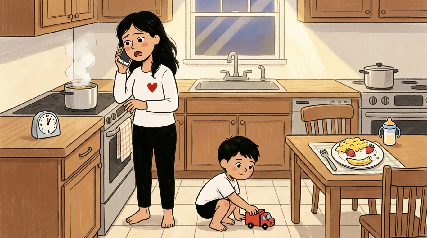 Adult on phone in kitchen while toddler plays with toy truck on floor instead of sitting at the table
