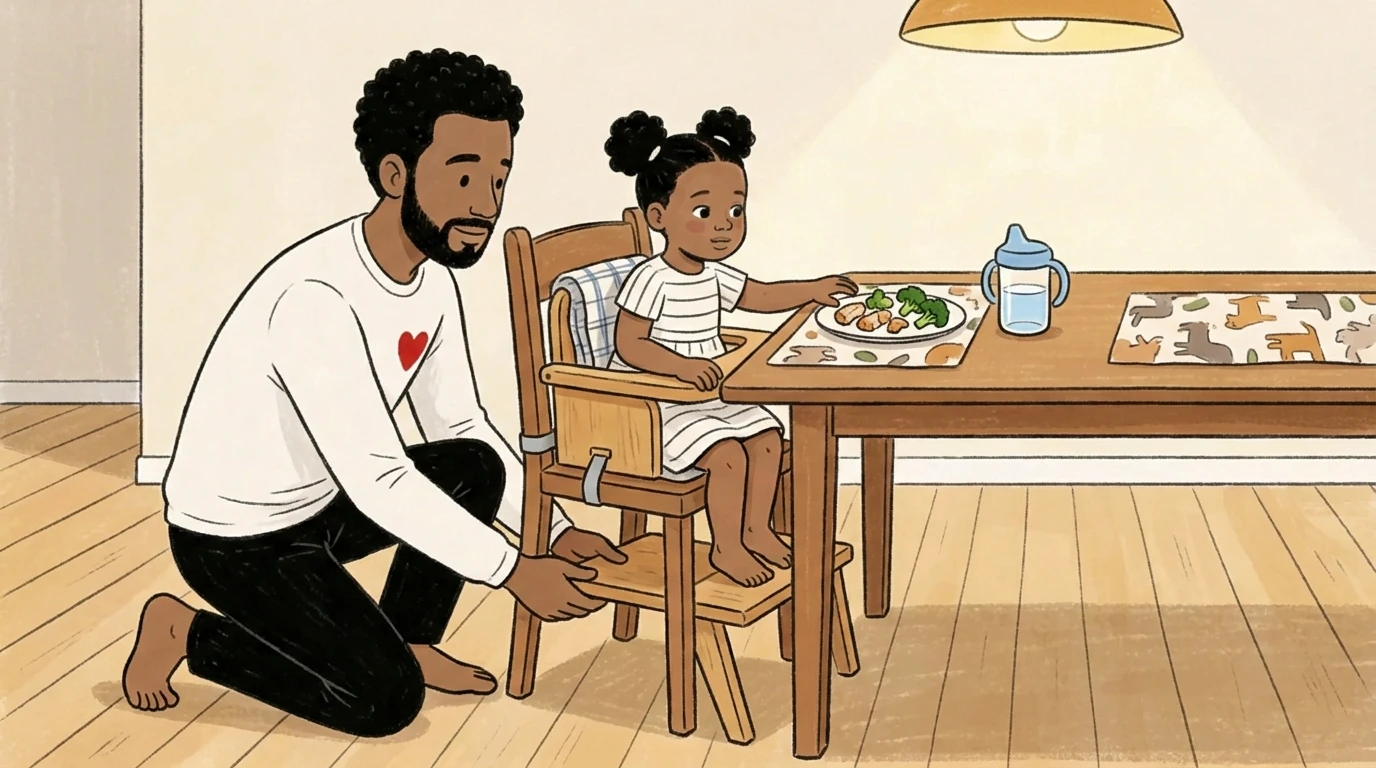 Adult kneeling beside toddler in chair at dining table with plate of food and sippy cup at mealtime