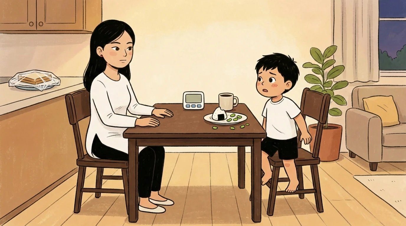 Adult and toddler seated across from each other at dinner table with a timer and small plate of food