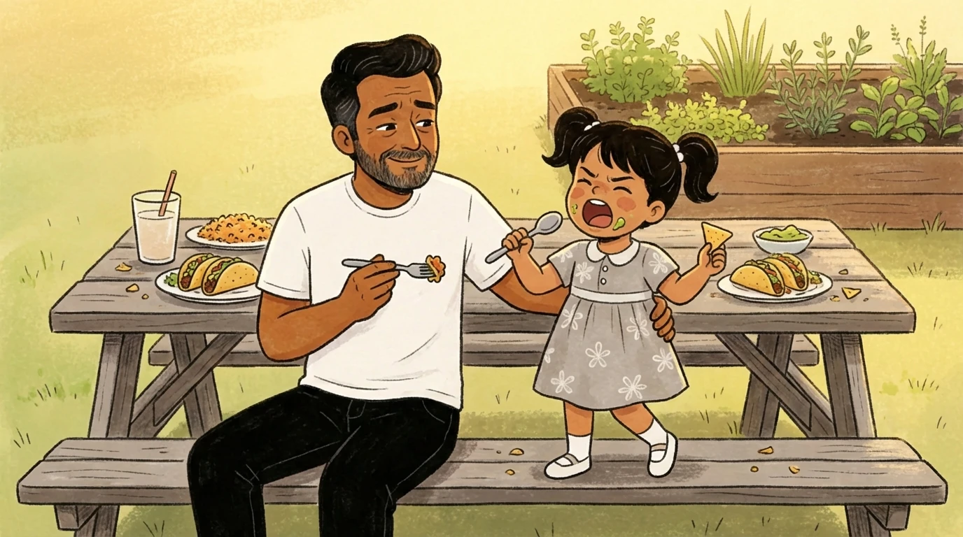 Adult and toddler at outdoor picnic table with food plates; toddler holds fork and resists sitting still