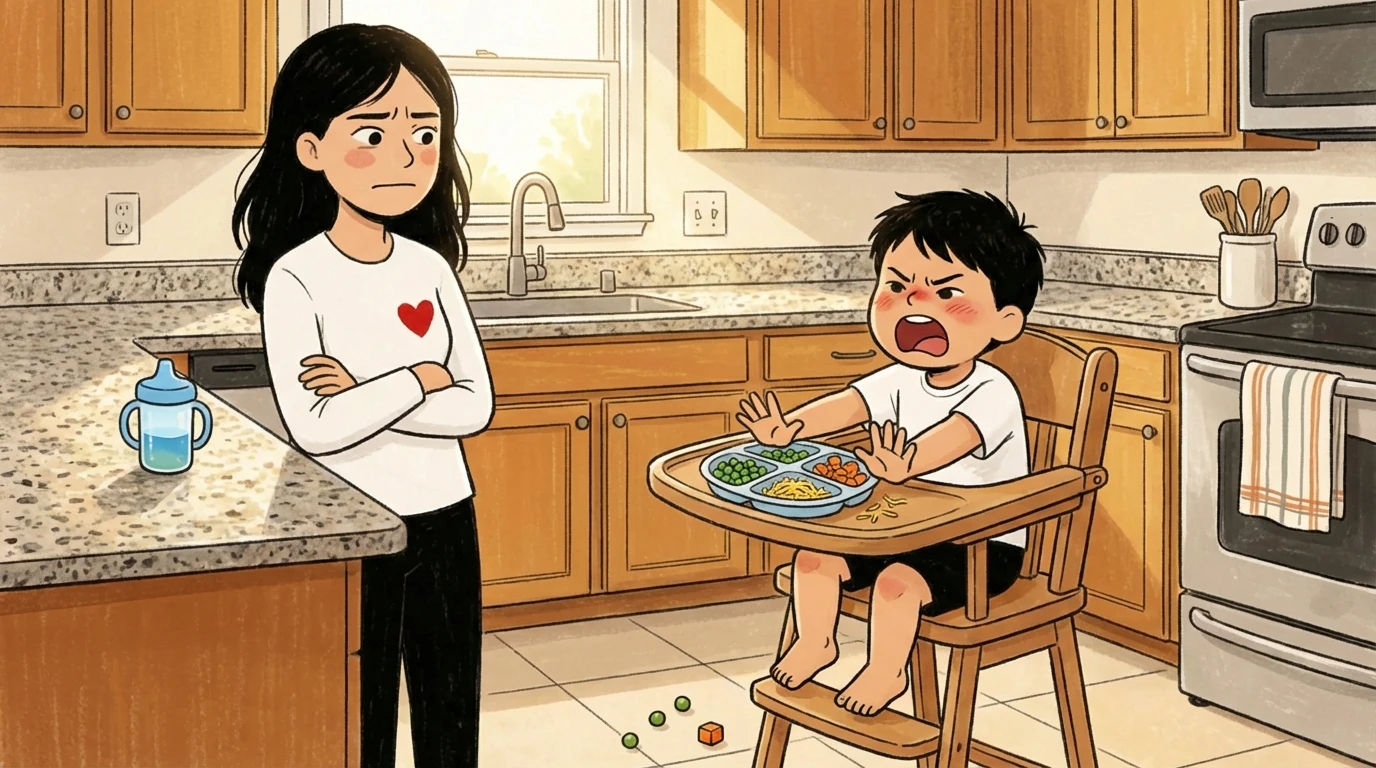 Toddler refusing food in a high chair while a parent stands watching helplessly in a kitchen