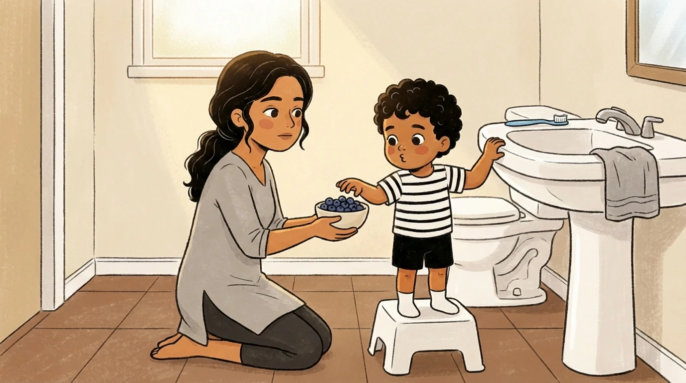 Mother offering blueberries to a toddler on a step stool - a scene of developmental patience