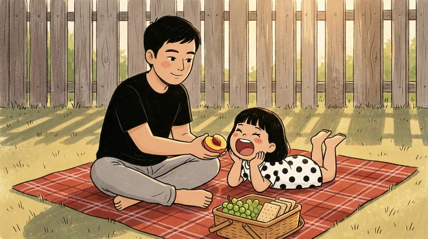 Father offering a snack to a child on a picnic blanket outdoors as they become comfortable eaters