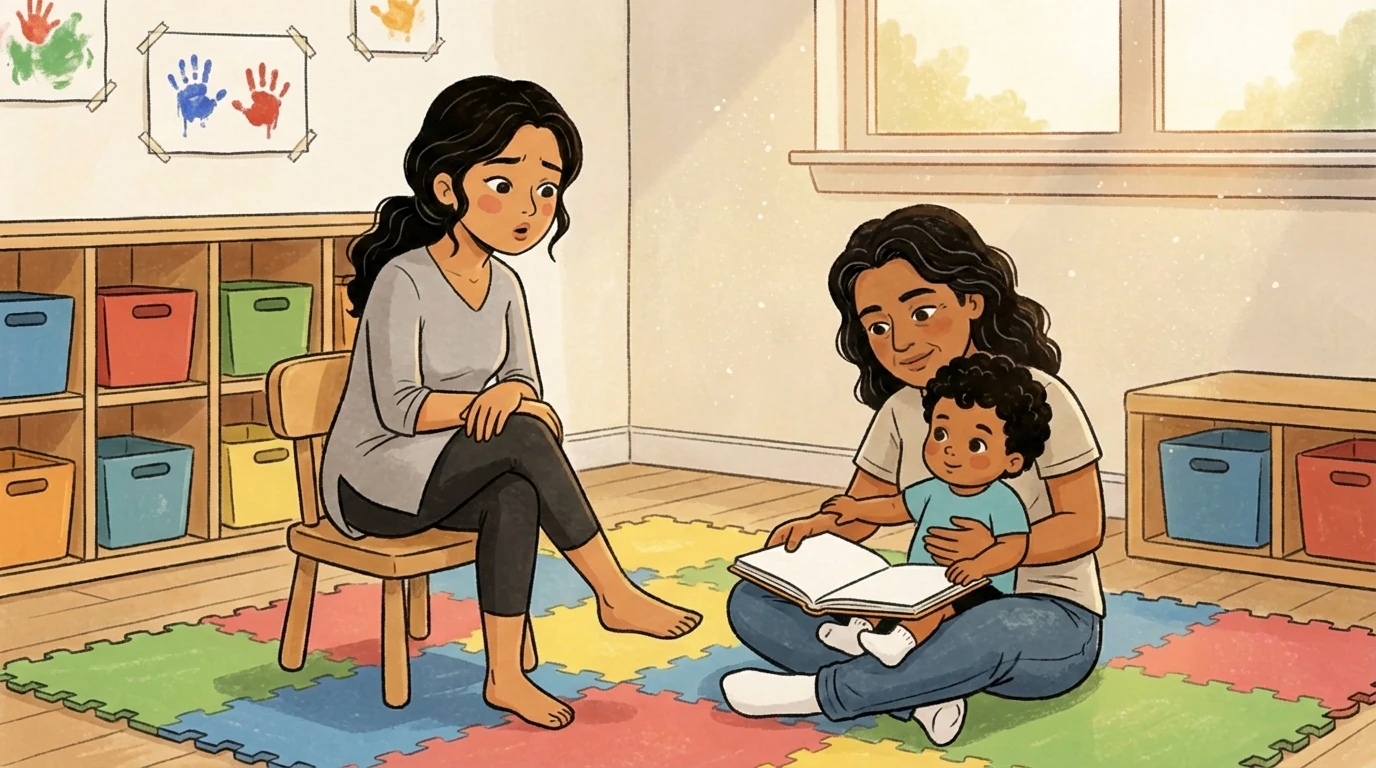 Parent sitting in childcare room while caregiver reads to toddler on colorful floor mat near cubbies