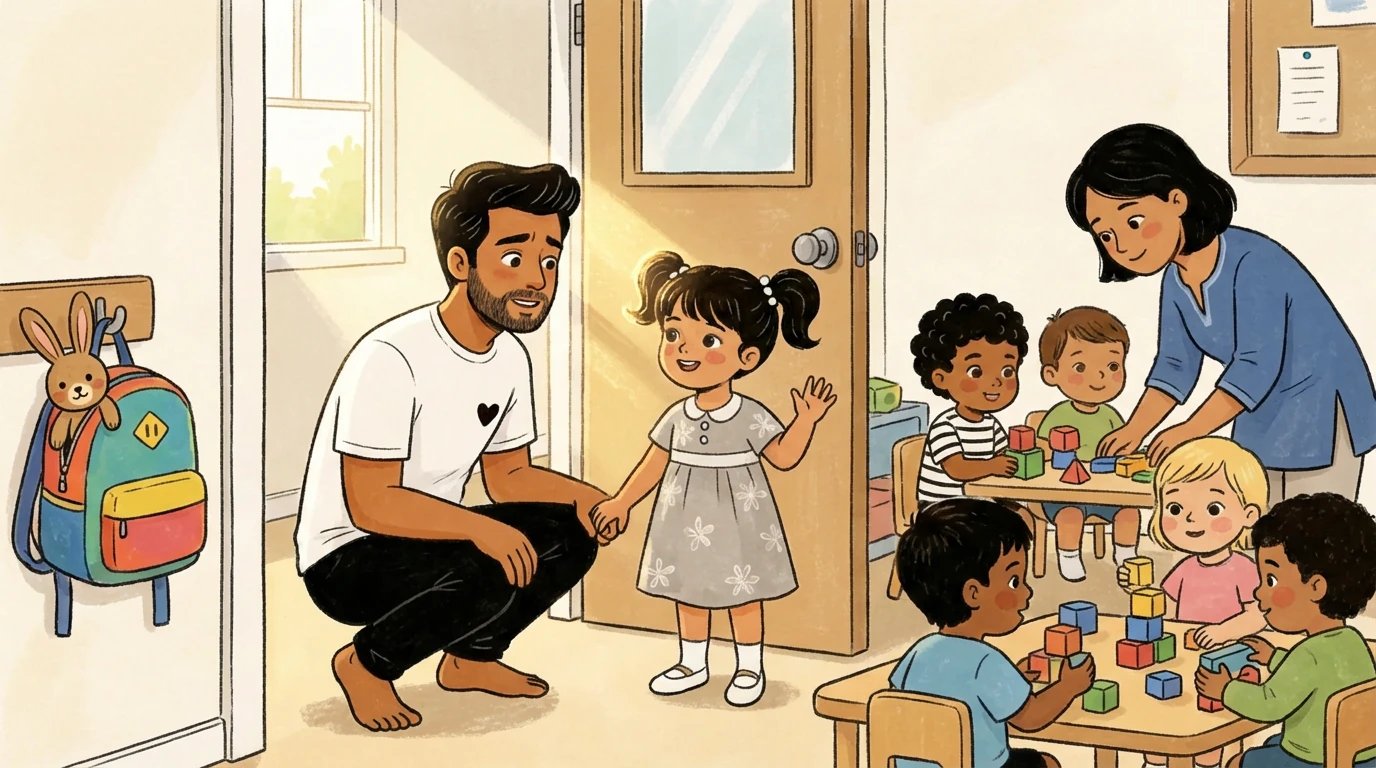 Father crouching to wave goodbye to young child at daycare door as teacher guides children at play table