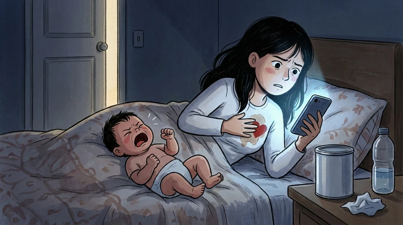 Mother with a milk stain on her shirt checks her phone while a crying newborn lies on the bed, formula can on nightstand