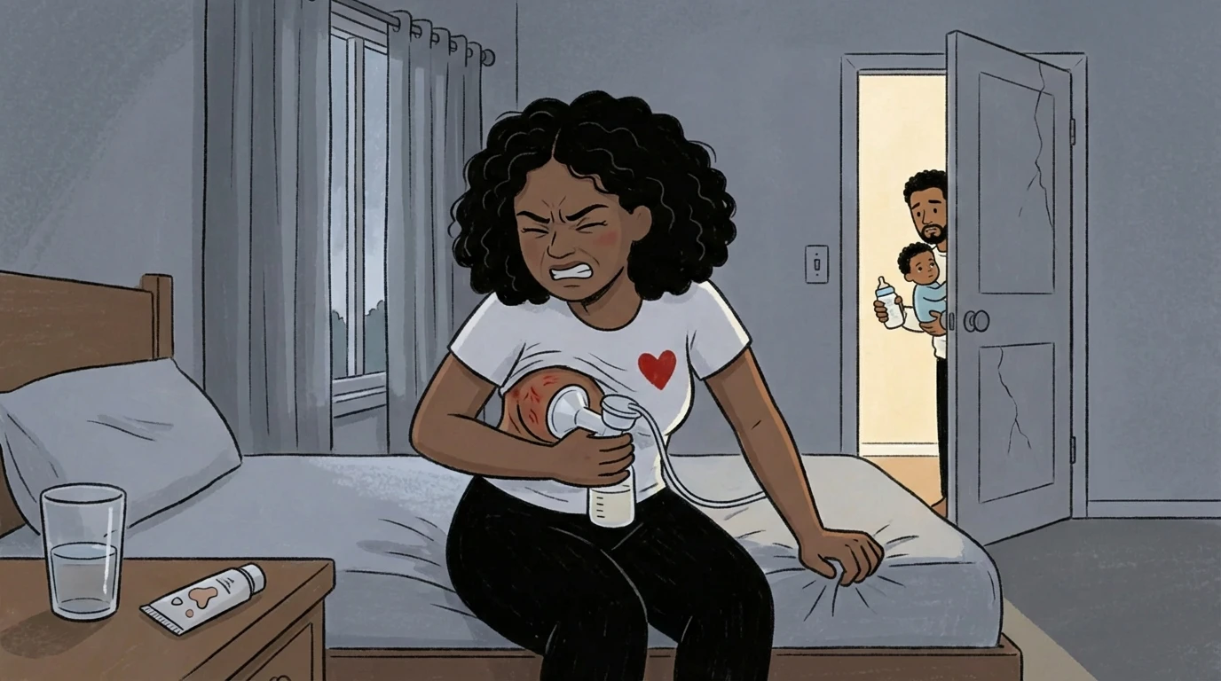 Woman using a breast pump alone in a dim bedroom while a partner holds a bottle-fed baby in the doorway