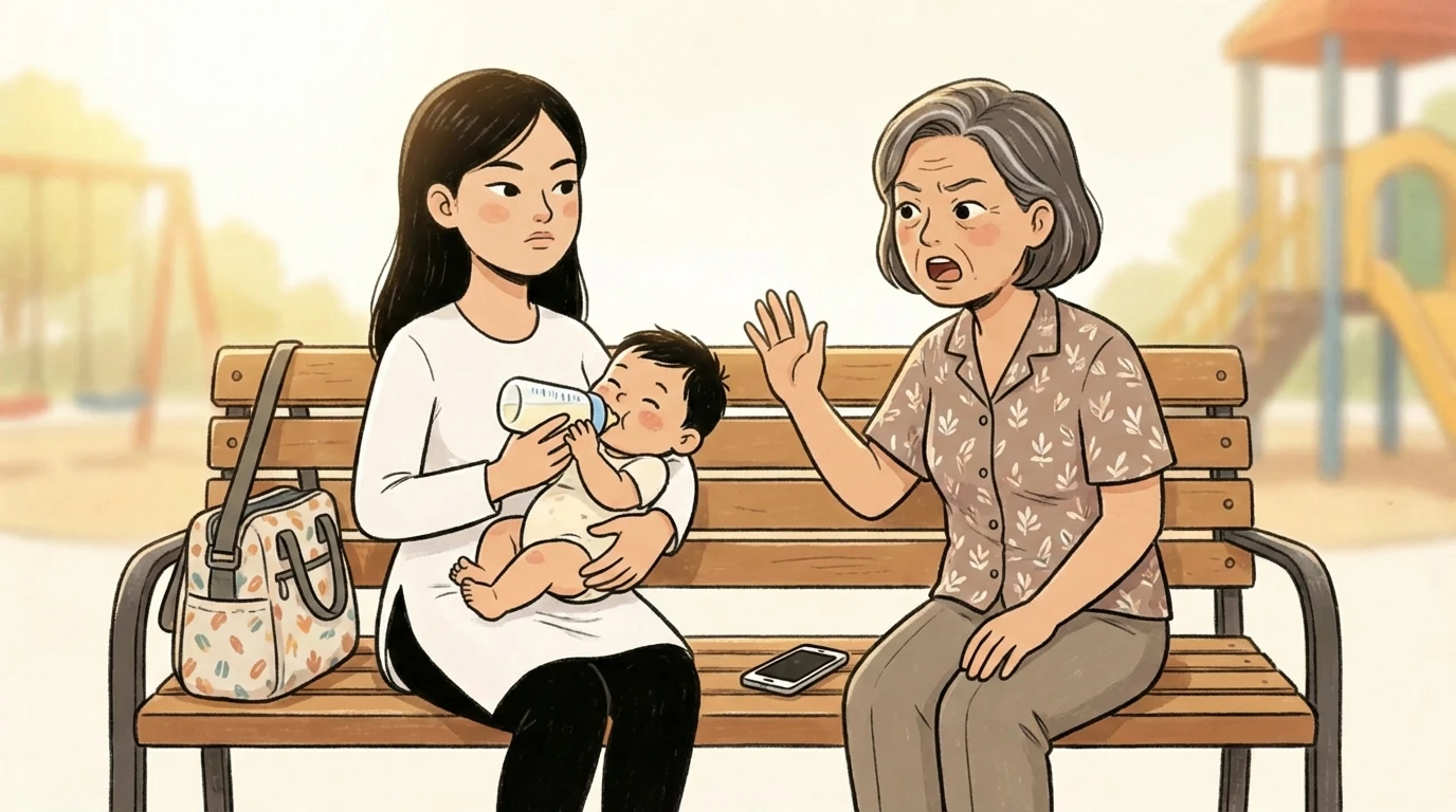 Mother bottle-feeding a newborn on a park bench while an older woman gestures disapprovingly beside her