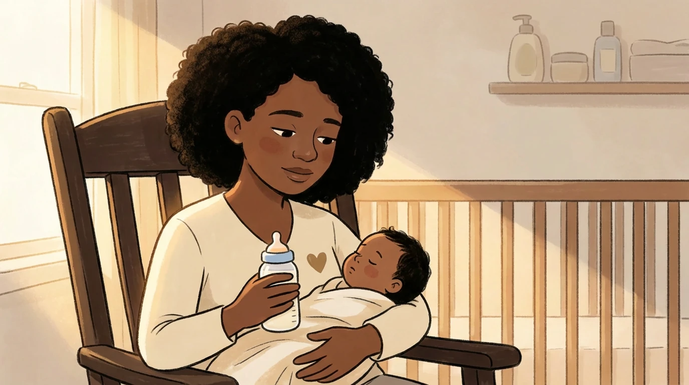 Mother sitting in a rocking chair bottle-feeding her baby in a nursery beside a crib.