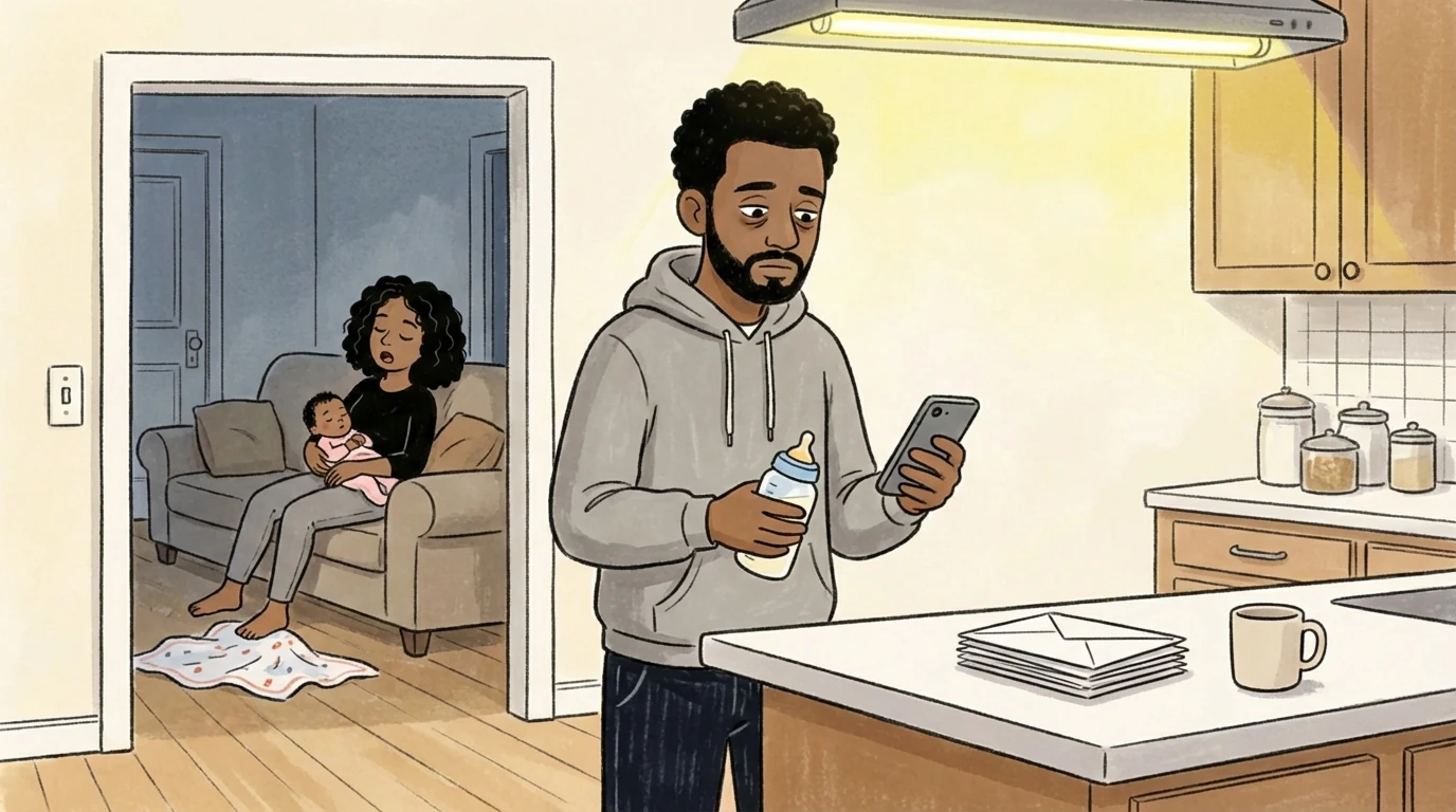 Father holding a baby bottle and phone in the kitchen while mother nurses newborn alone in the next room