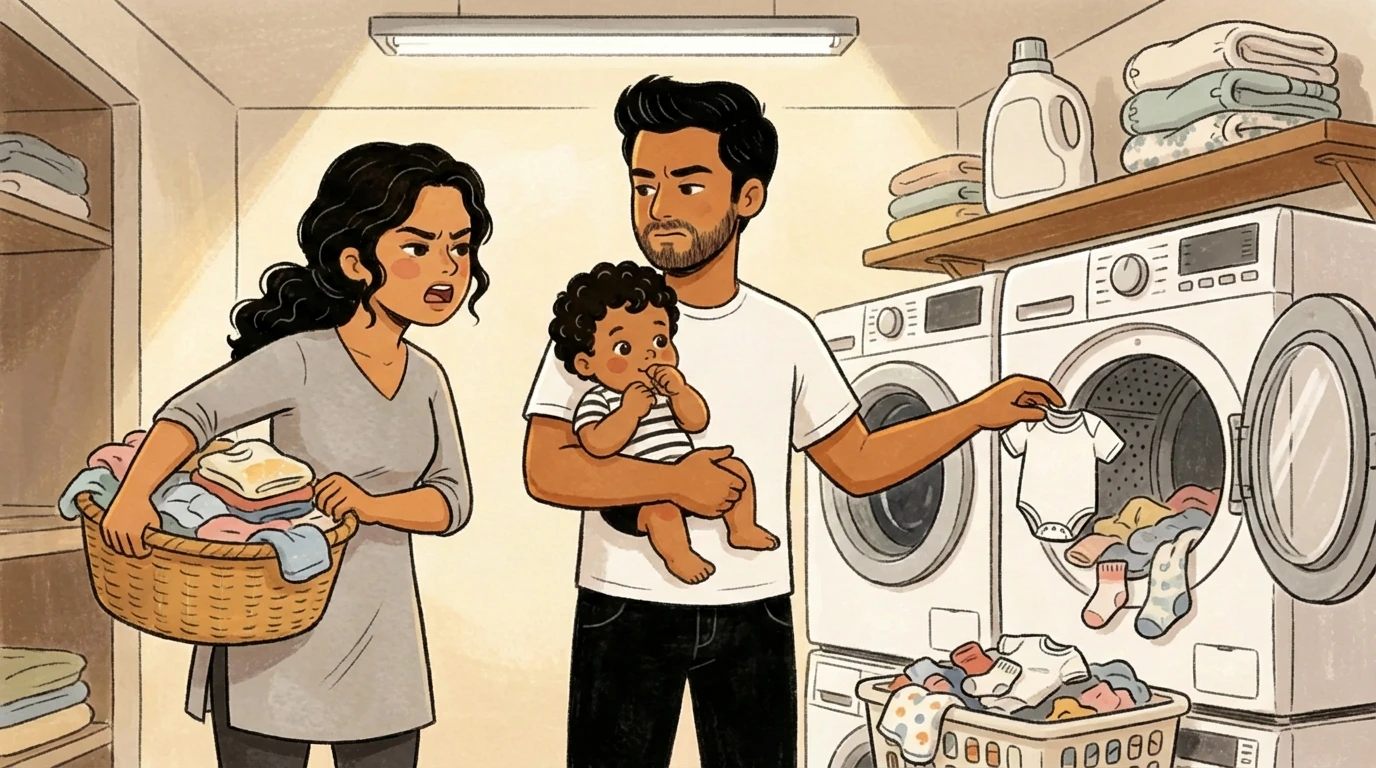 Couple with a baby standing in a laundry room surrounded by piles of clothes after having a newborn