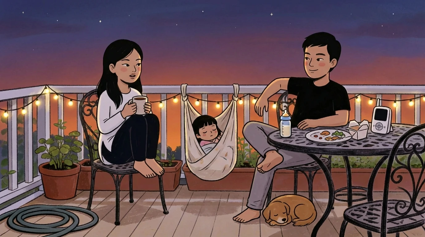 Two parents sharing a quiet moment on a balcony at dusk with their baby in a hanging bassinet between them