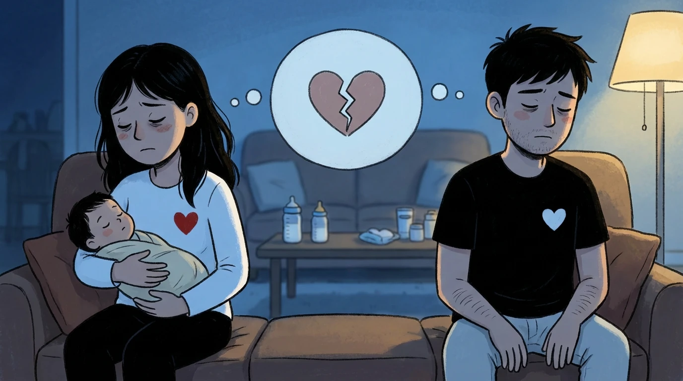 Mother holding a baby and father sitting apart on a couch, looking away from each other with a broken heart above.