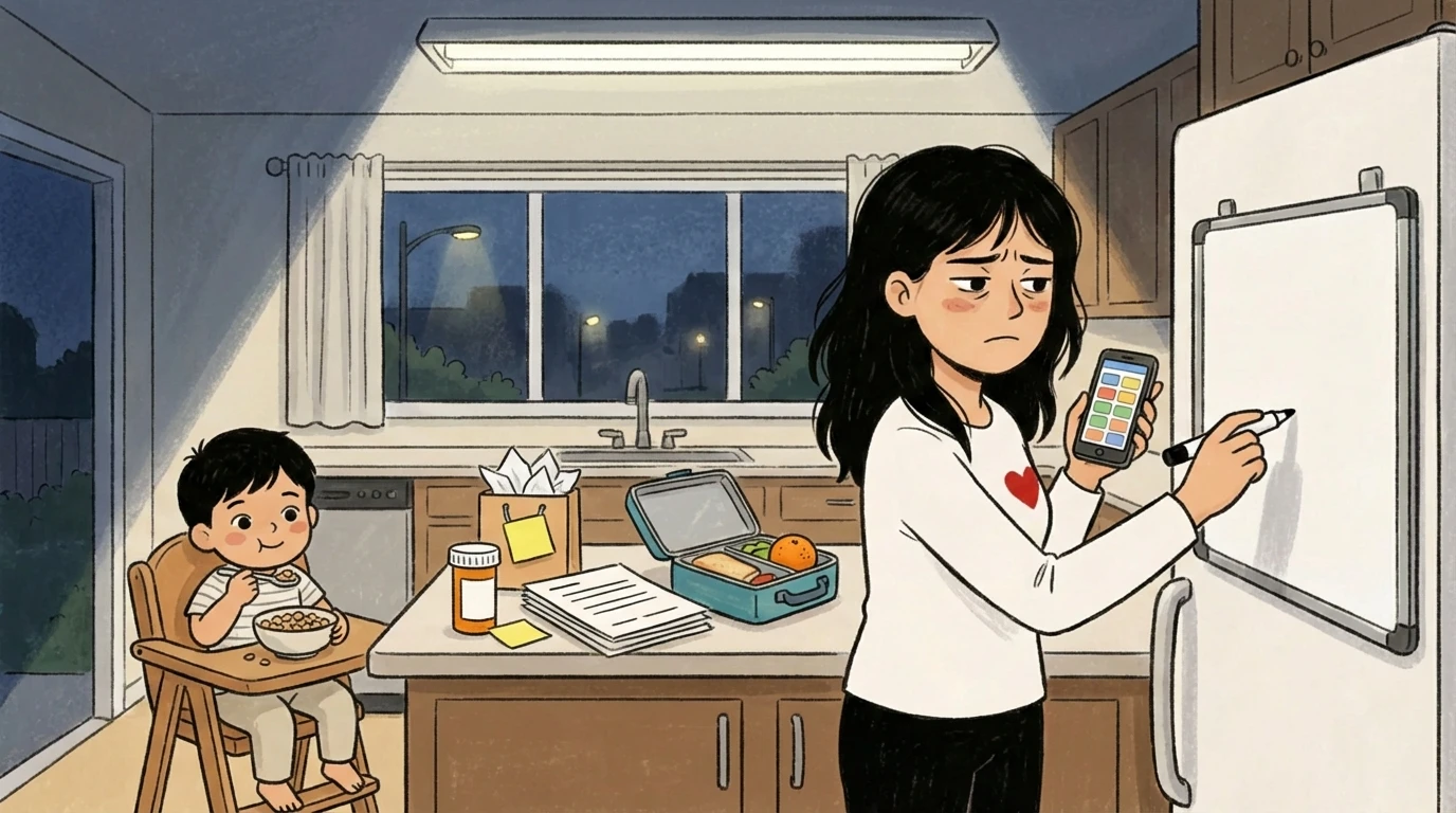 Woman juggling the mental load, phone in one hand, marker in the other, as a toddler eats alone in the kitchen