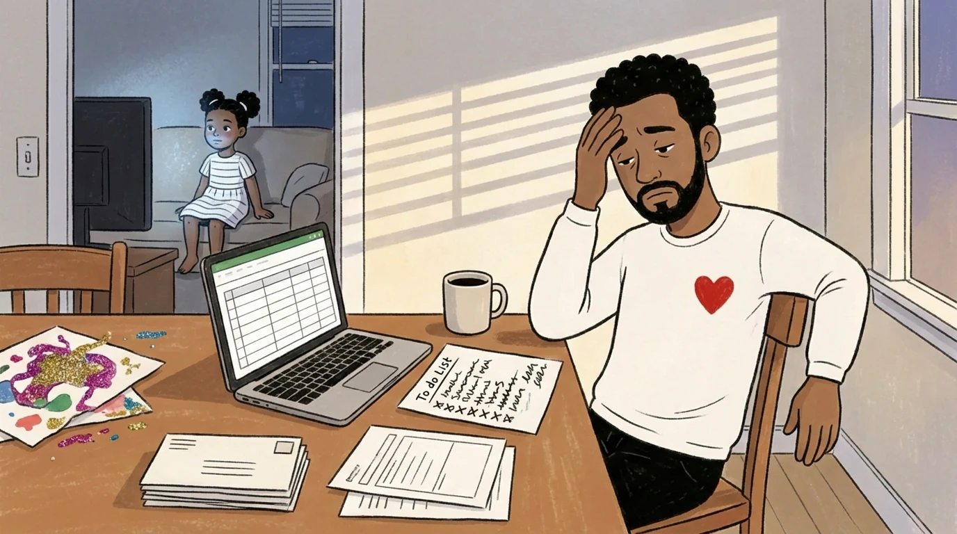 A man sits at a cluttered table with a laptop and lists, head in hand, while a child plays behind him