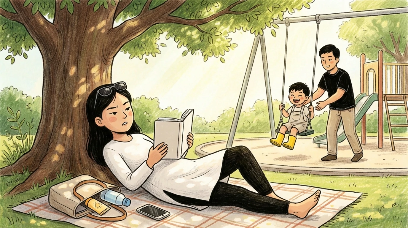 A woman reads under a tree while a man pushes a toddler on a swing, a couple sharing the parenting load