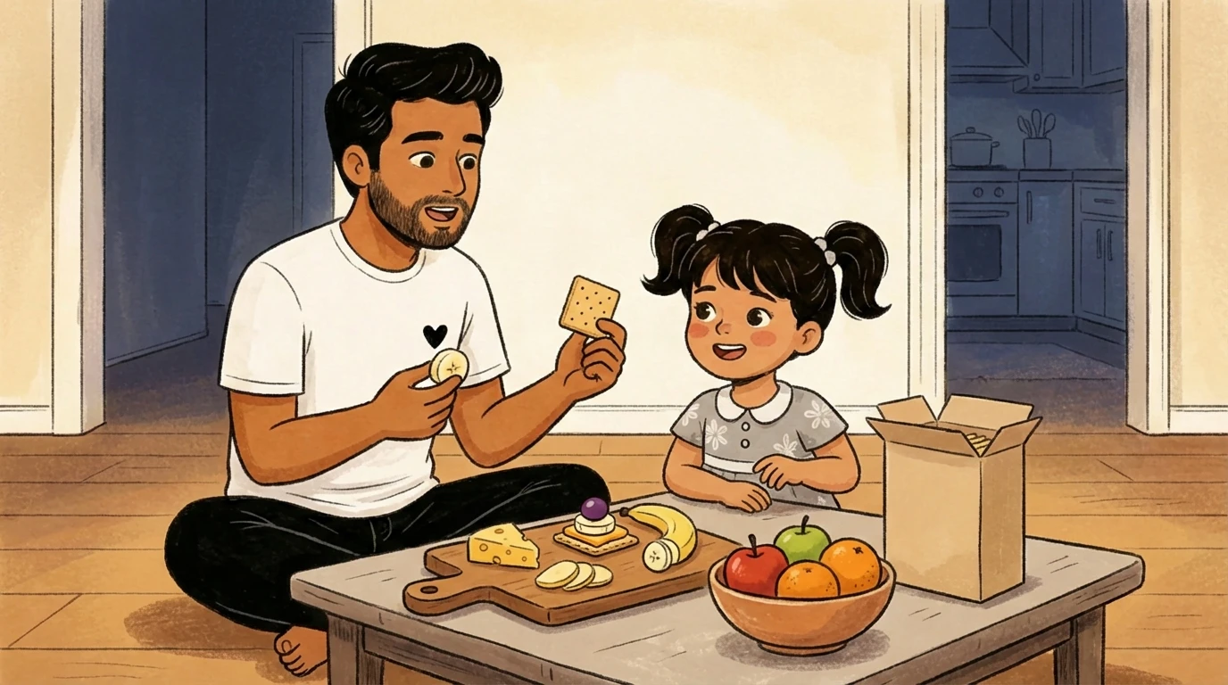 A father sits cross-legged on the floor offering a snack to his daughter, an equal division of daily care