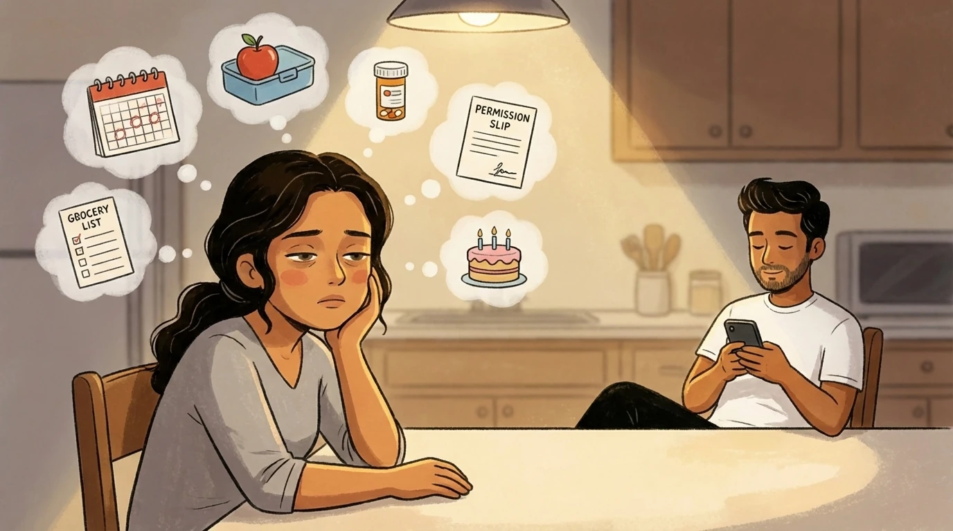 Mother carrying the mental load of parenting tasks at a kitchen table while father looks at his phone.