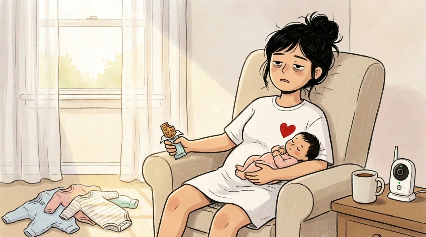 New mother in an armchair holding a sleeping newborn and a snack bar