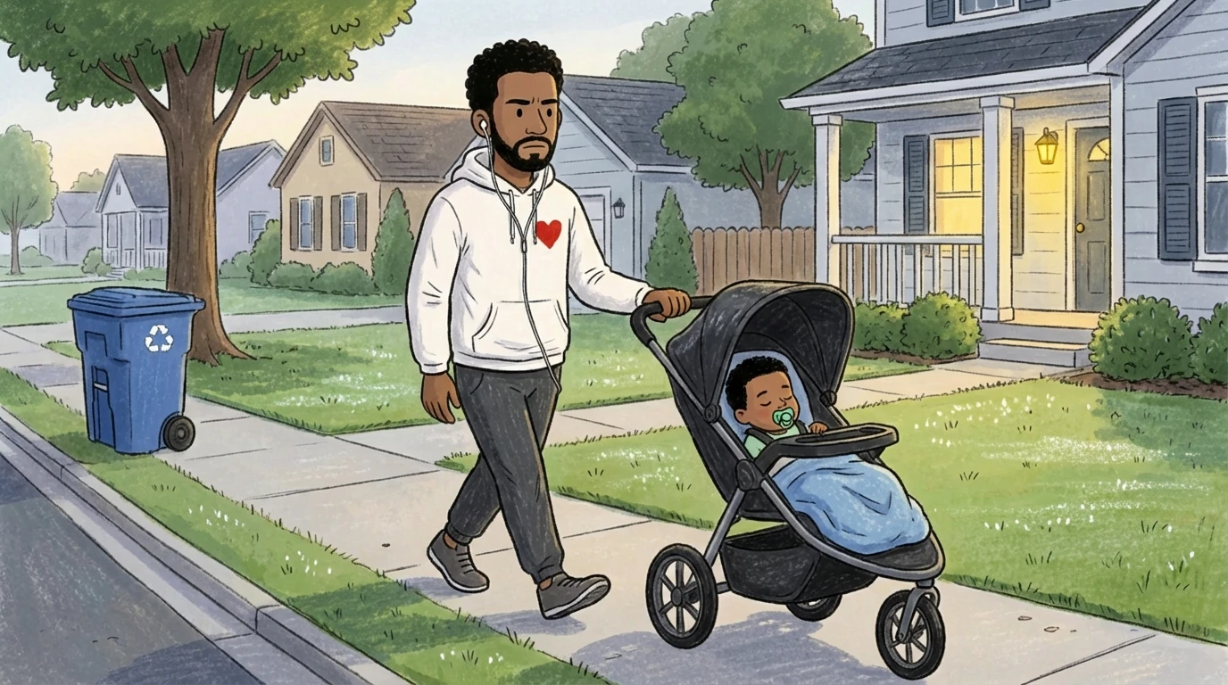 Parent pushing a baby stroller on a neighborhood sidewalk during a morning walk for new mom self-care