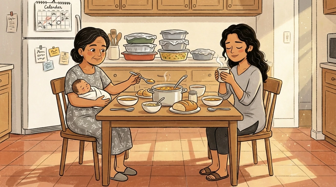 Two women at a kitchen table sharing a meal while one holds a newborn, meal prep containers in the background