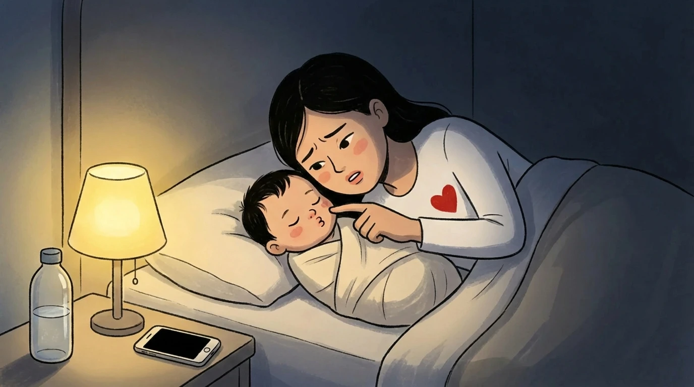 Mother checking on a swaddled newborn in bed at night by dim lamp light, water bottle and phone on nightstand