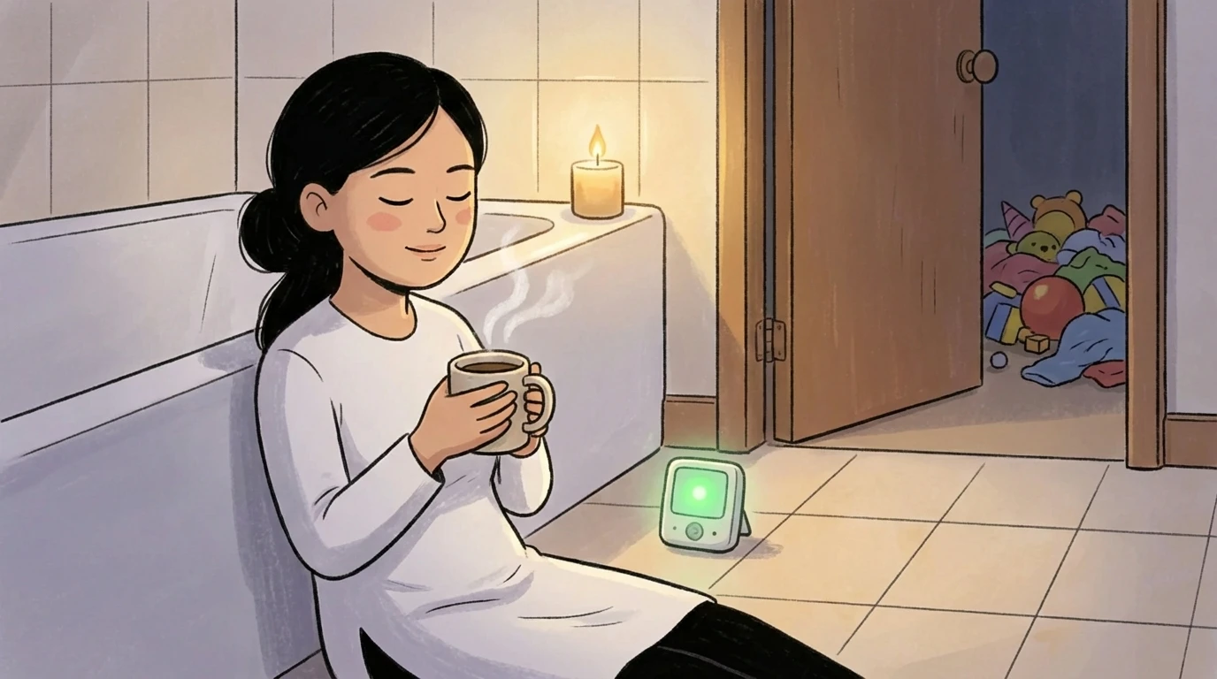 New mother sitting against a bathtub holding a steaming mug with a baby monitor nearby and a candle lit for self-care.