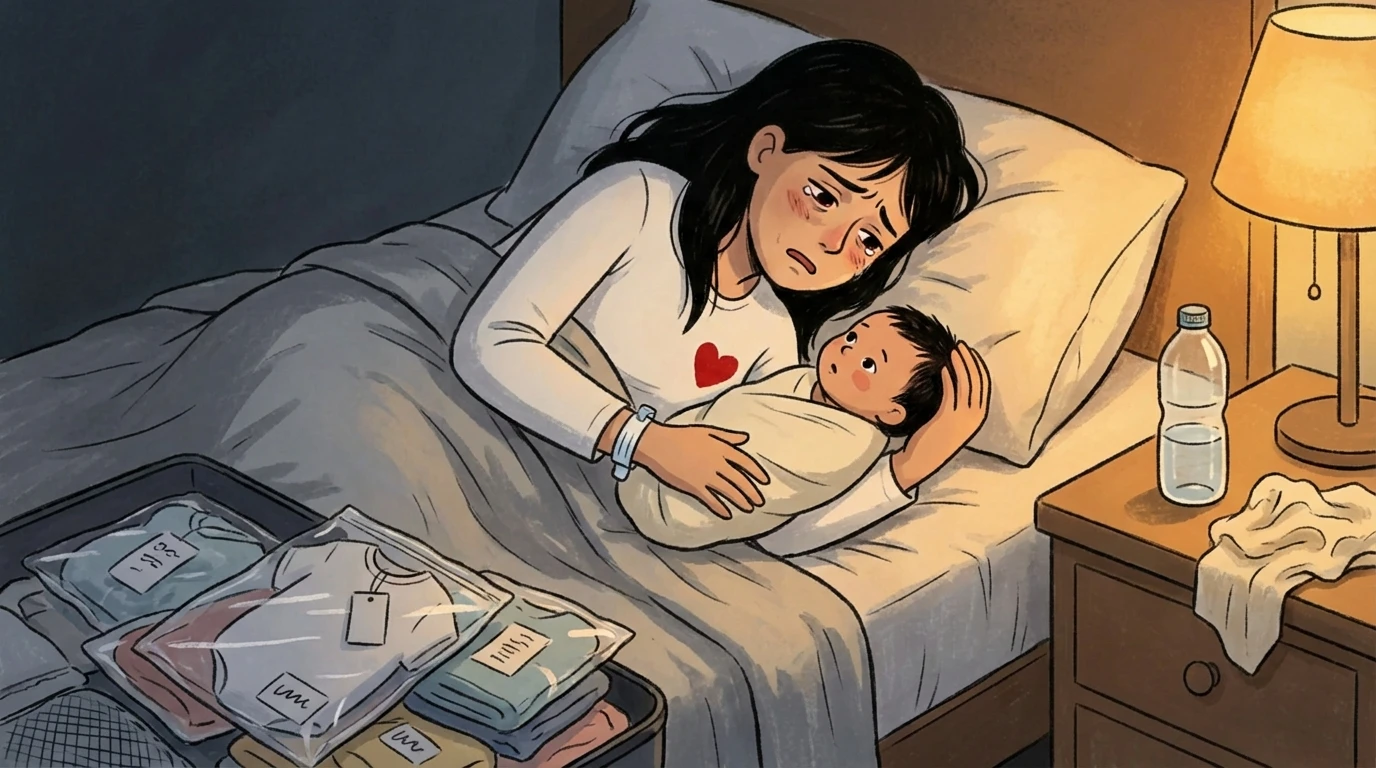 Mother lying in bed holding a newborn to her chest for skin-to-skin bonding, lamp lit on the nightstand