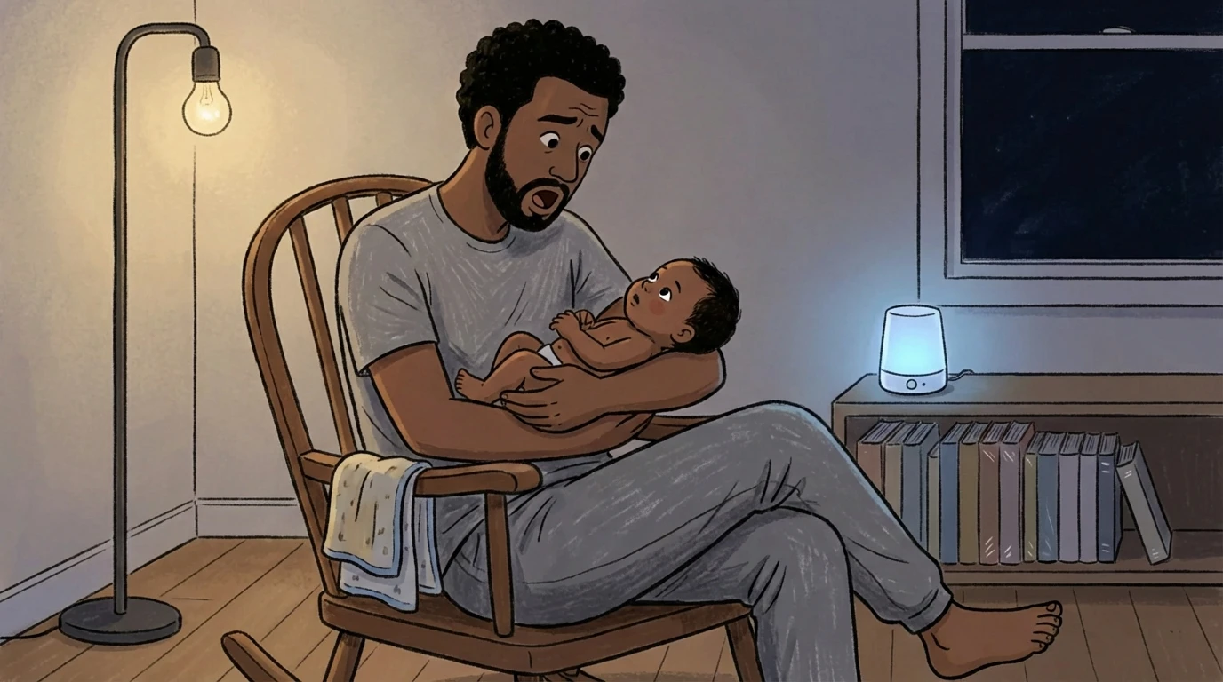 Father seated in a rocking chair at night cradling a newborn, floor lamp glowing beside him