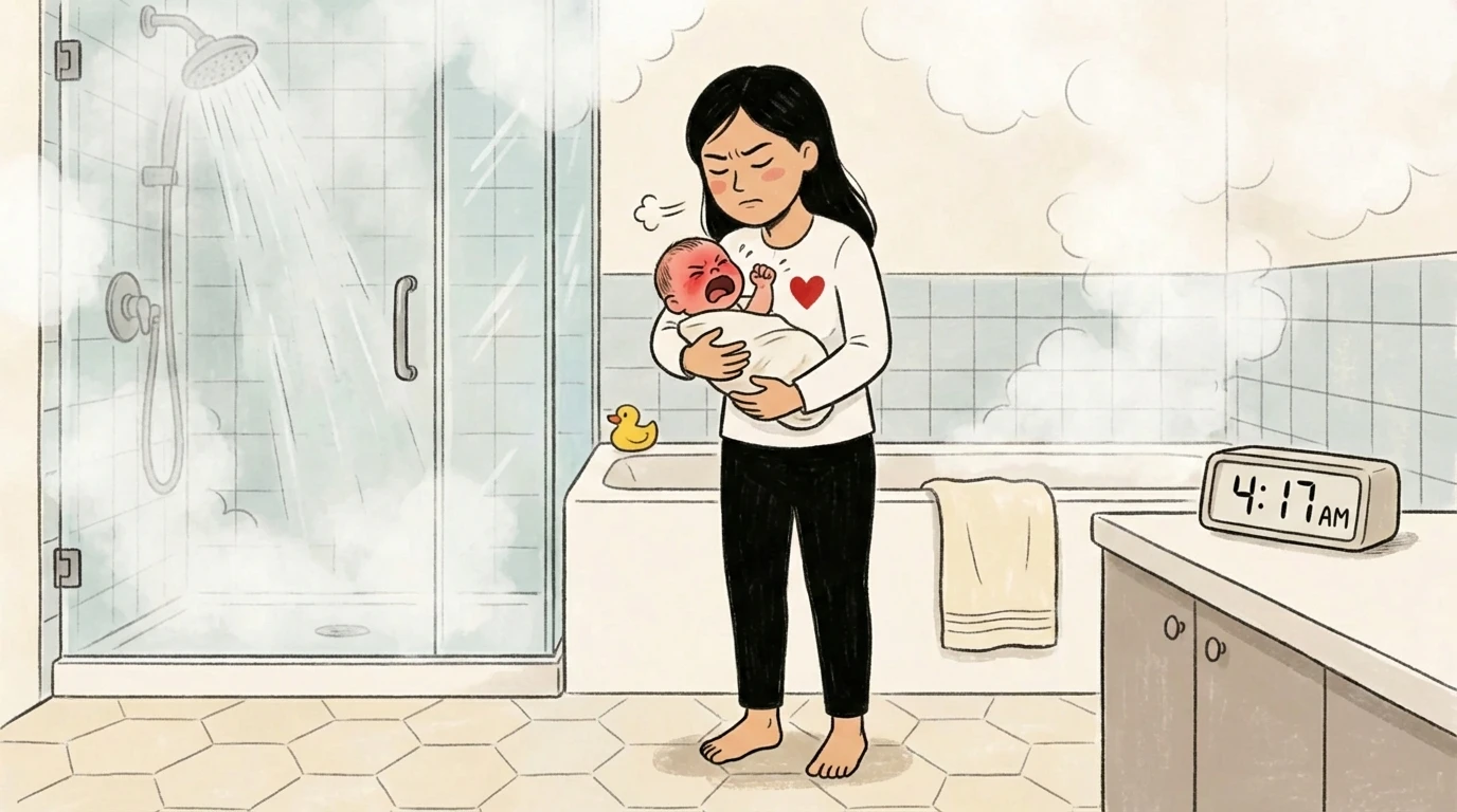 Parent standing in a steamy bathroom at 4:17 AM holding a crying newborn, rubber duck by the tub